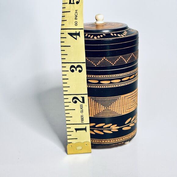 Folk Art Wood Lidded Footed Trinket Box Jar Hand Carved Round Inca Mexico Signed - Picture 13 of 13